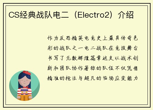CS经典战队电二（Electro2）介绍