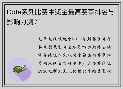 Dota系列比赛中奖金最高赛事排名与影响力测评