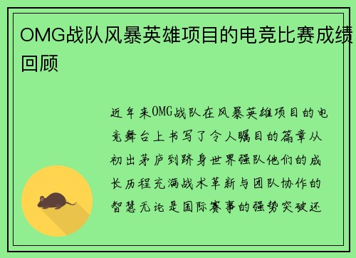 OMG战队风暴英雄项目的电竞比赛成绩回顾